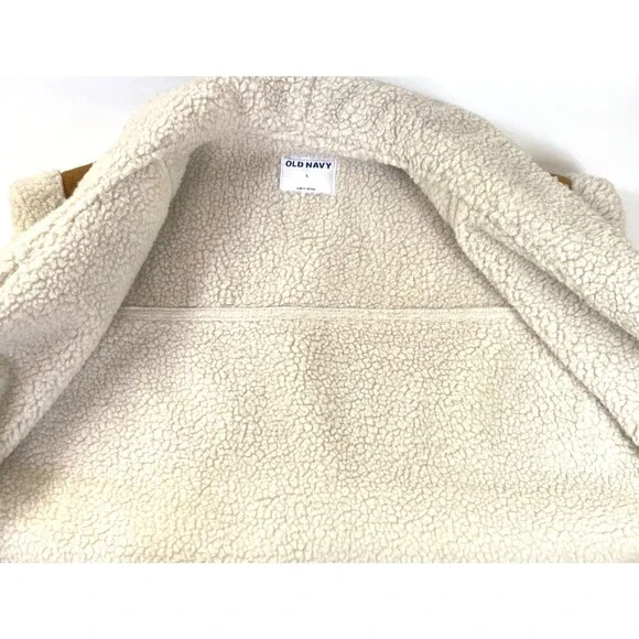 Old Navy Sherpa Lined Faux Suede Vest Womens Size L Cream Camel Brown Jacket - Picture 3 of 16